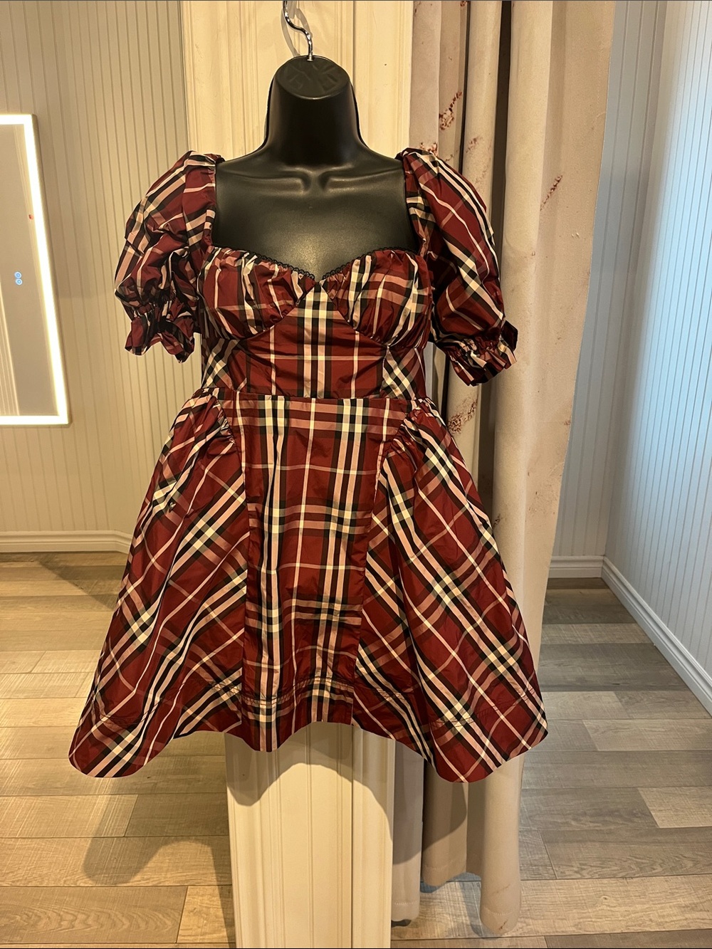 Maeve Anthropologie Burgundy Plaid Puff-Sleeve Mini Dress NWT XS